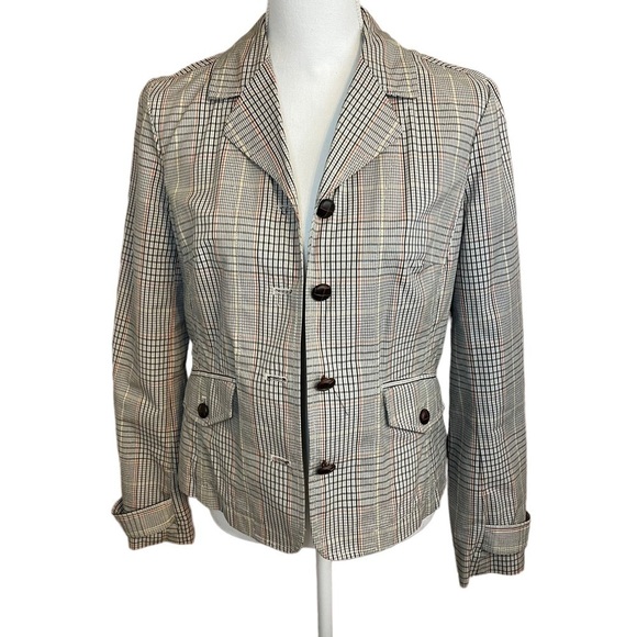Isaac Mizrahi Brown Windowpane Plaid Blazer Target faux leather buttons. Size M - Picture 3 of 16